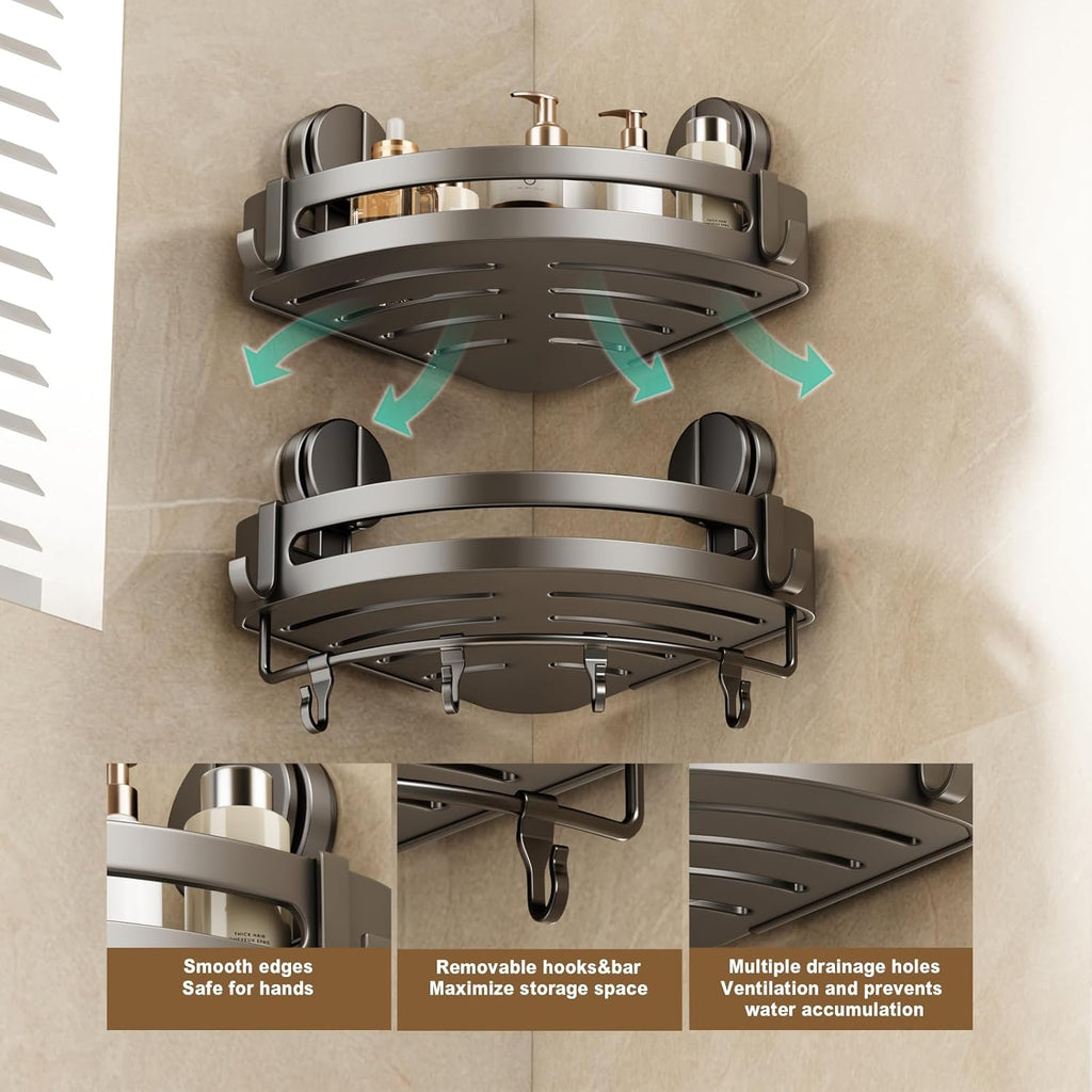 VOLPONE Shower Caddy Suction Cup, 1 Pack Corner Shower Shelves No Drilling, Showers Organizer Storage with Towel Bar & Removable Hooks, Bathroom Shower Shelf Rack for Inside Showers, Triangle