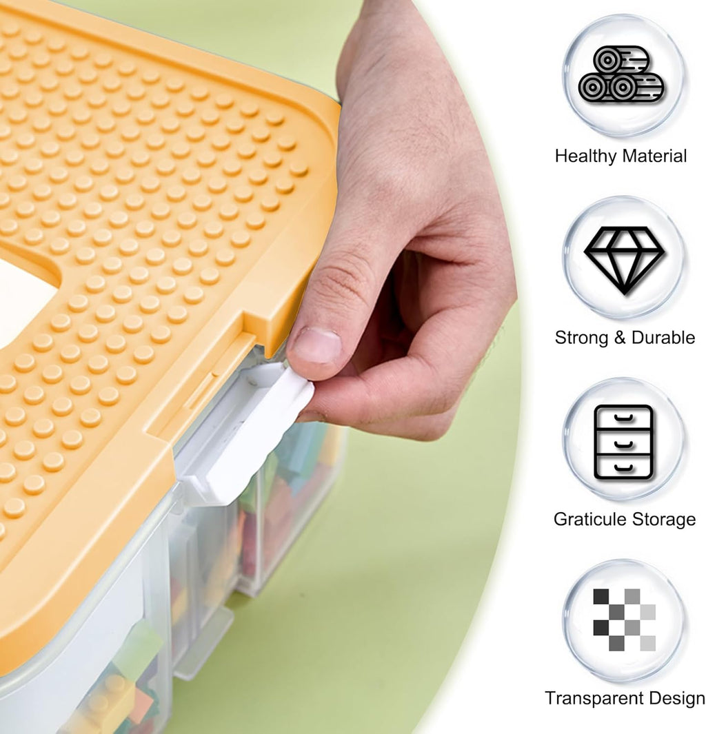 Toys Organizer Storage Case for Lego Box Kids Toy Stackable Building Blocks with Lids Bins Adjustable Lego Storage Containers Plastic Toy Box 2 Layer (Lemon)