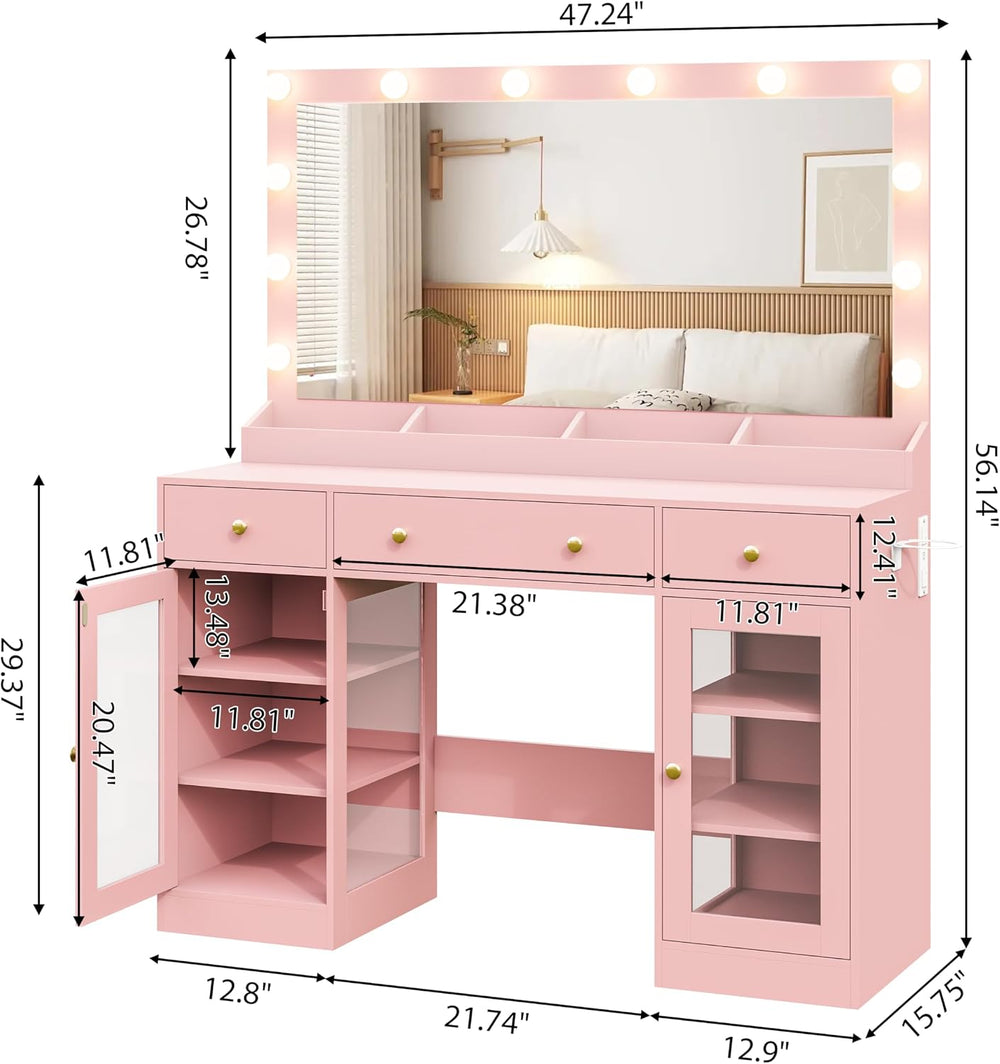 Thacuok Makeup Vanity with Large Mirror and Lights, 47''Wide Dressing...