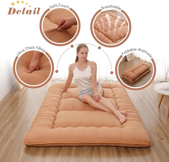 Japanese Floor Mattress, Futon Mattress with Portable Storage Bag and Washabl...