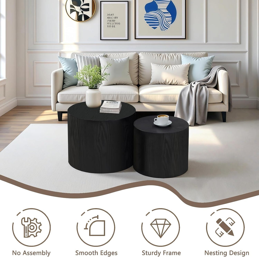Nesting Coffee Table Set of 2, Modern Round Wood Side Table, Black | Nesting ...
