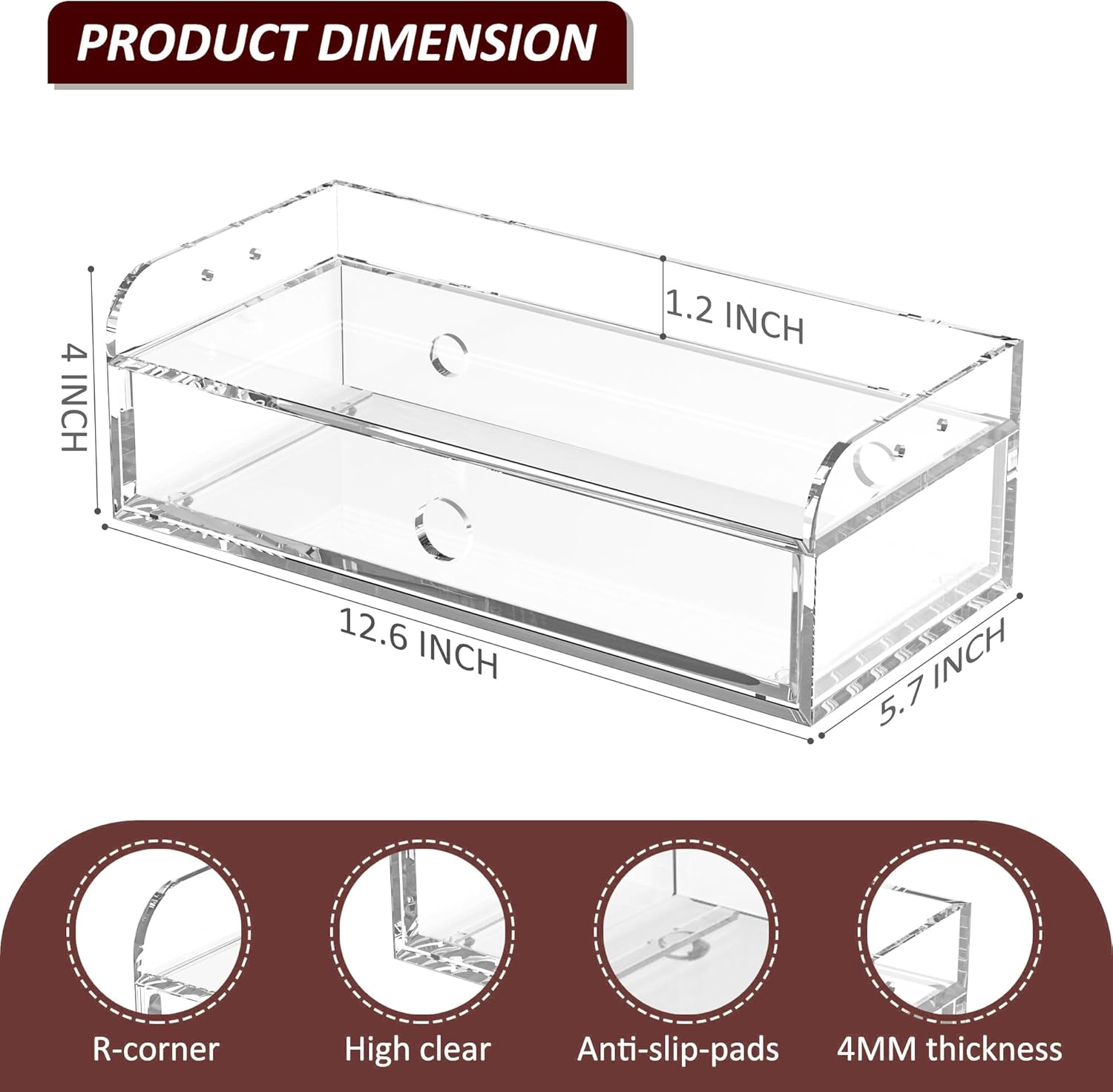 Acrylic Desk Organizer 12 "x 5.7" x 4", Clear Desktop Drawer Tabletop Storage Organization for Office Home Makeup Skincare Jewelry