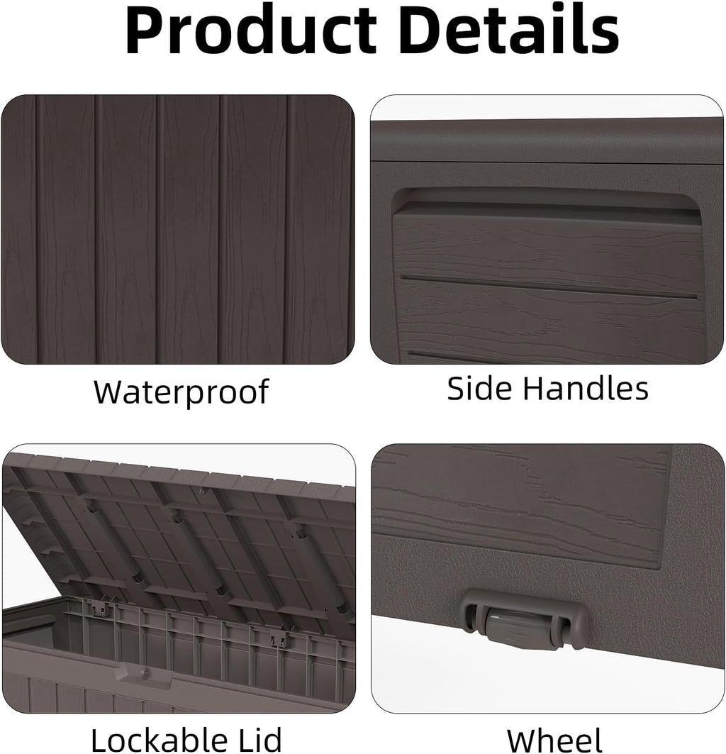 120 Gallon Resin Deck Box，Outdoor Storage Box, Waterproof Lockable Large Storage Bench for Patio Furniture, Pool Accessories & Garden Tools, Brown
