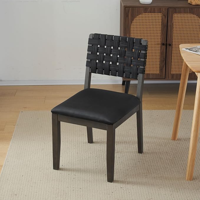 VINGLI Black Woven Wooden Dining Chairs Set of 4,Armless Mid Century Modern Desk Chairs with Rivet&Foot Pegs,Upholstered Farmhouse Comfy Chair No Wheels for Dining Room,Living Room,Kitchen,Oak,Suede