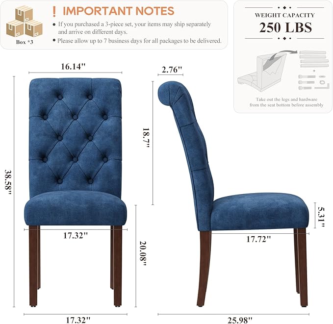 Upholstered Tufted Dining Room Chairs Set of 6, Parsons Kitchen Chairs with Padded Seat and Solid Wood Legs, Fabric Accent Side Diner Chair for Dining Room/Kitchen/Living Room, Blue
