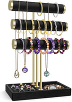 Flexzion 3 Tier Bracelet Holder Display Stand - Black Velvet Bracelet Holder Organizer with Detachable T Bar - Jewelry Display Stand for Bracelets, Bangles, Necklace, Watches, Rings
