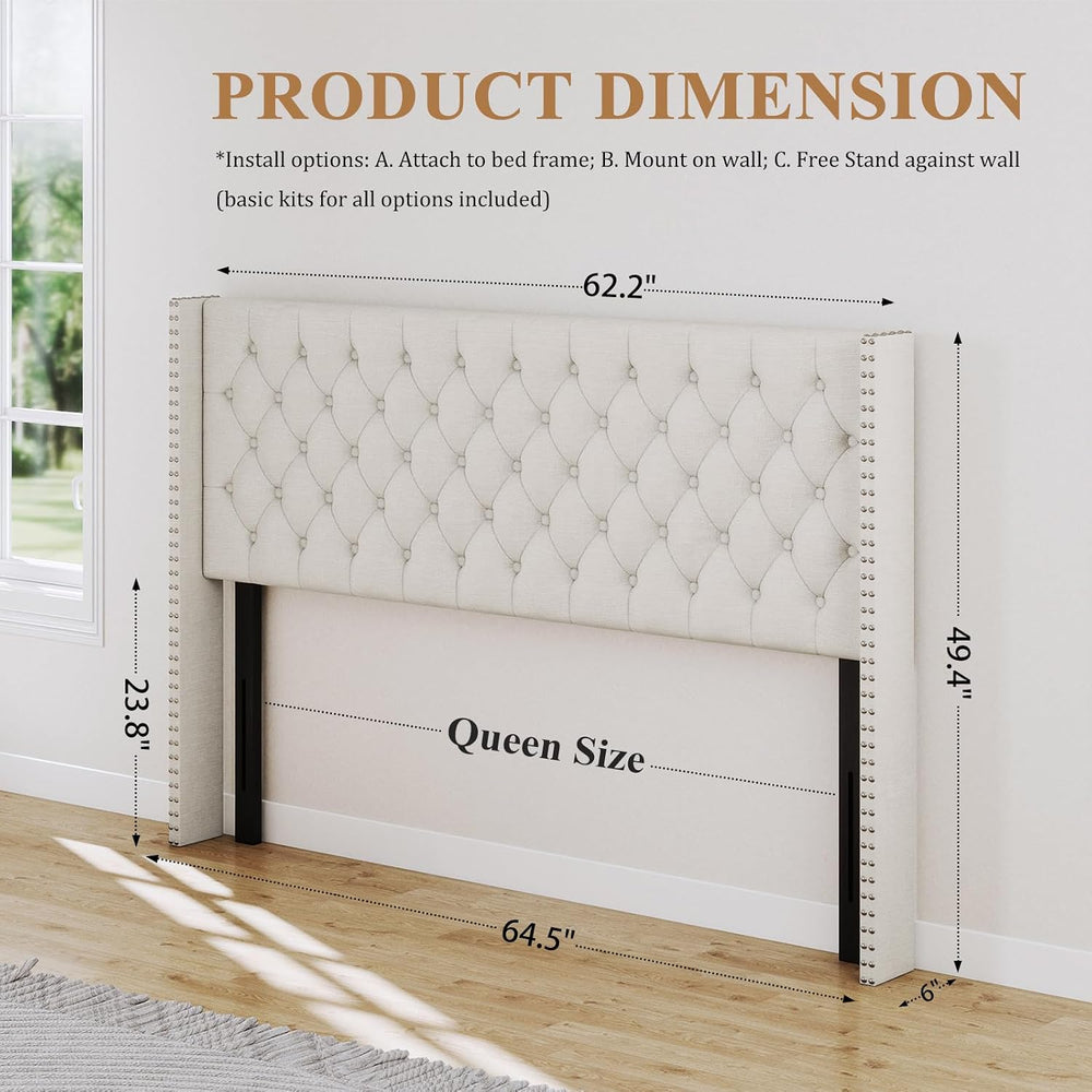Furpopup Linen Queen Size Headboard Only, Wingback Wall Mount, Ivory