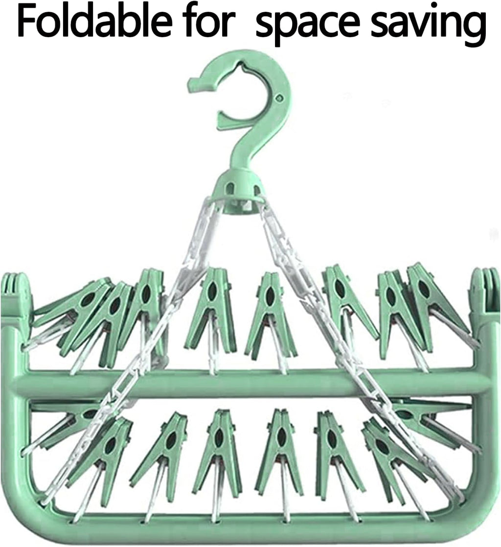 Clothes Drying Hanger with 32 Clips and Drip Foldable Hanging Rack (Light Green)