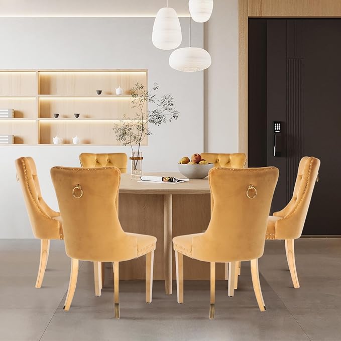 Velvet Upholstered Dining Chairs Set of 6, Modern Style Kitchen Side Chairs w...