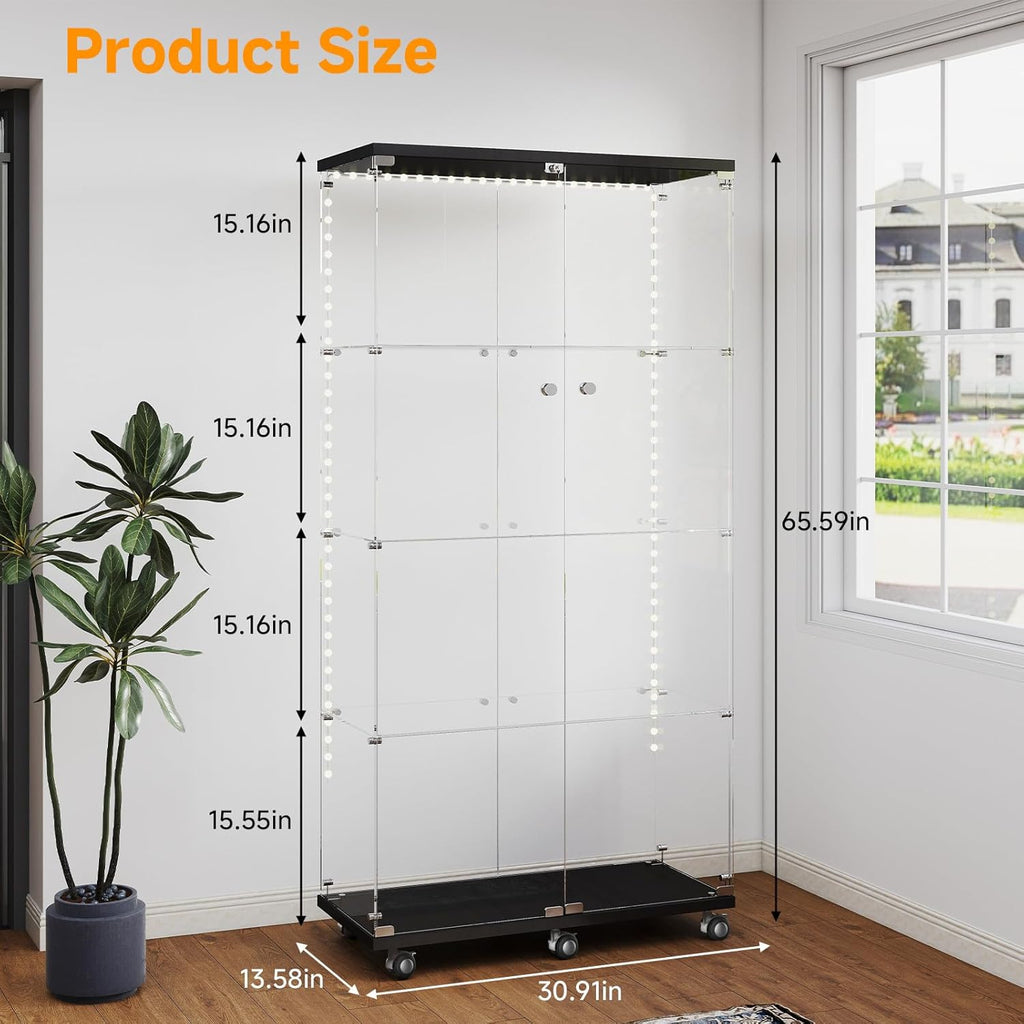 Tempered Glass Display Cabinet with Light Strip, 4-Tier Curio Cabinet with Glass Doors Wheels Locks, Glass Display Case for Collectibles for Living Room, Bedroom, Office, Black, Double Door