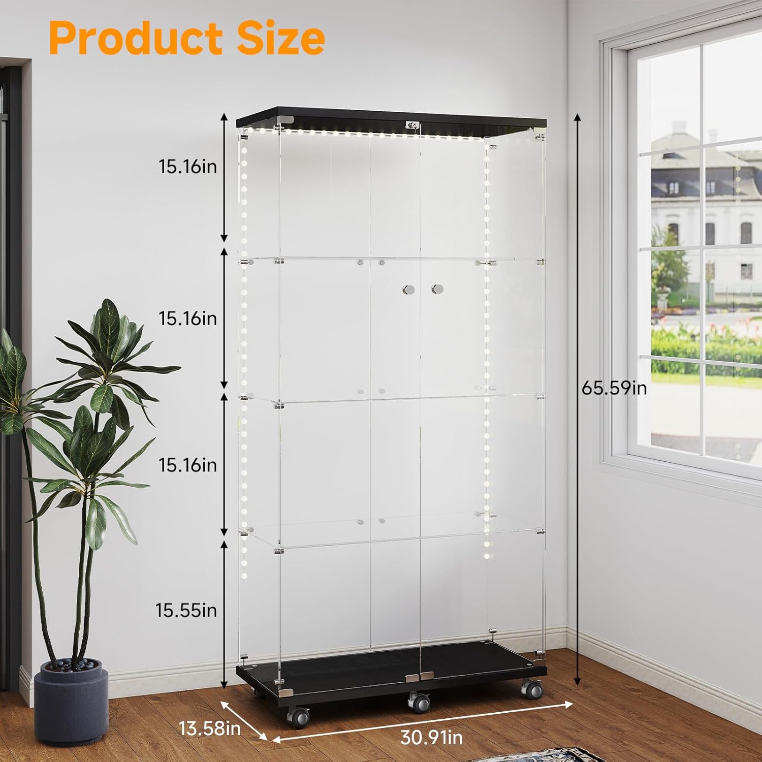 Tempered Glass Display Cabinet with Light Strip, 4-Tier Curio Cabinet with Glass Doors Wheels Locks, Glass Display Case for Collectibles for Living Room, Bedroom, Office, Black, Double Door