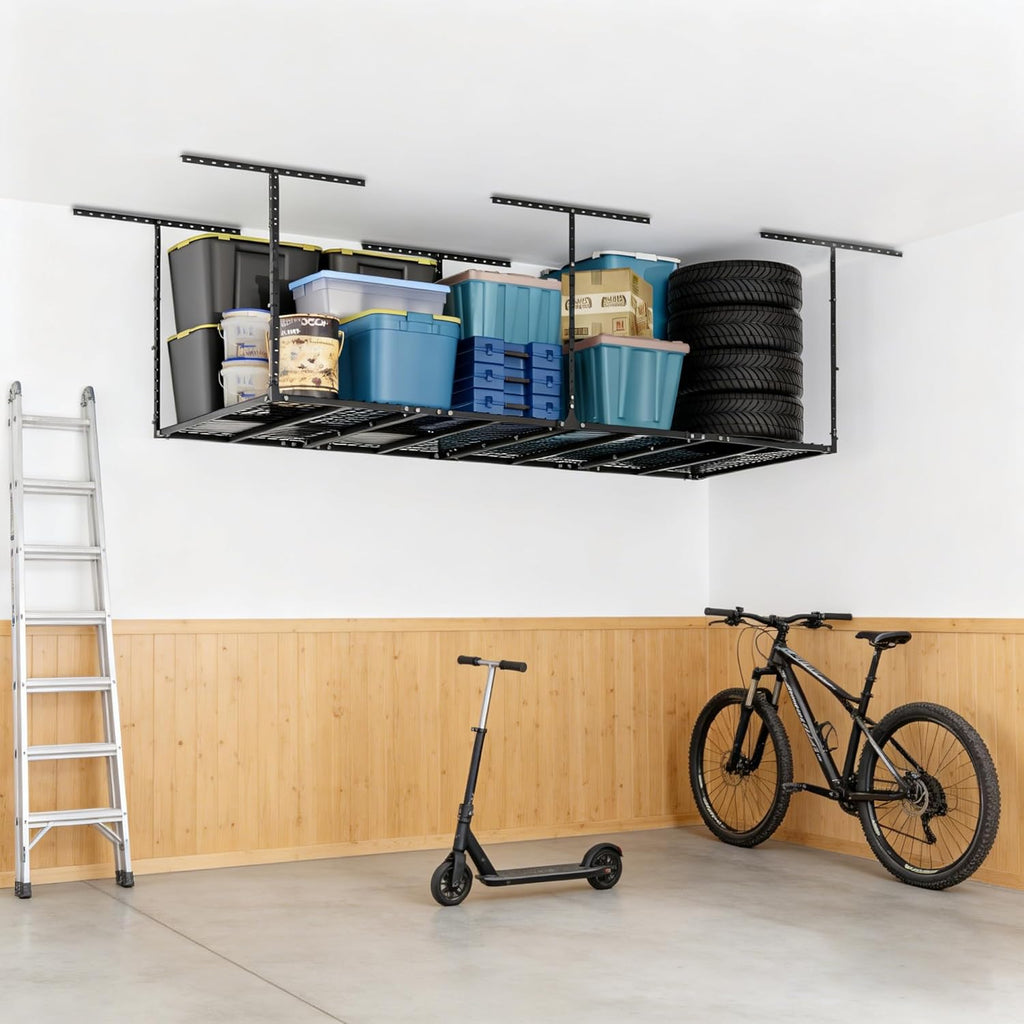 YOHKOH 3x8 Ft Overhead Garage Storage Rack, Ceiling Storage & Hanging Rack for Garage, Adjustable Heavy-Duty Metal, 600lbs, Black