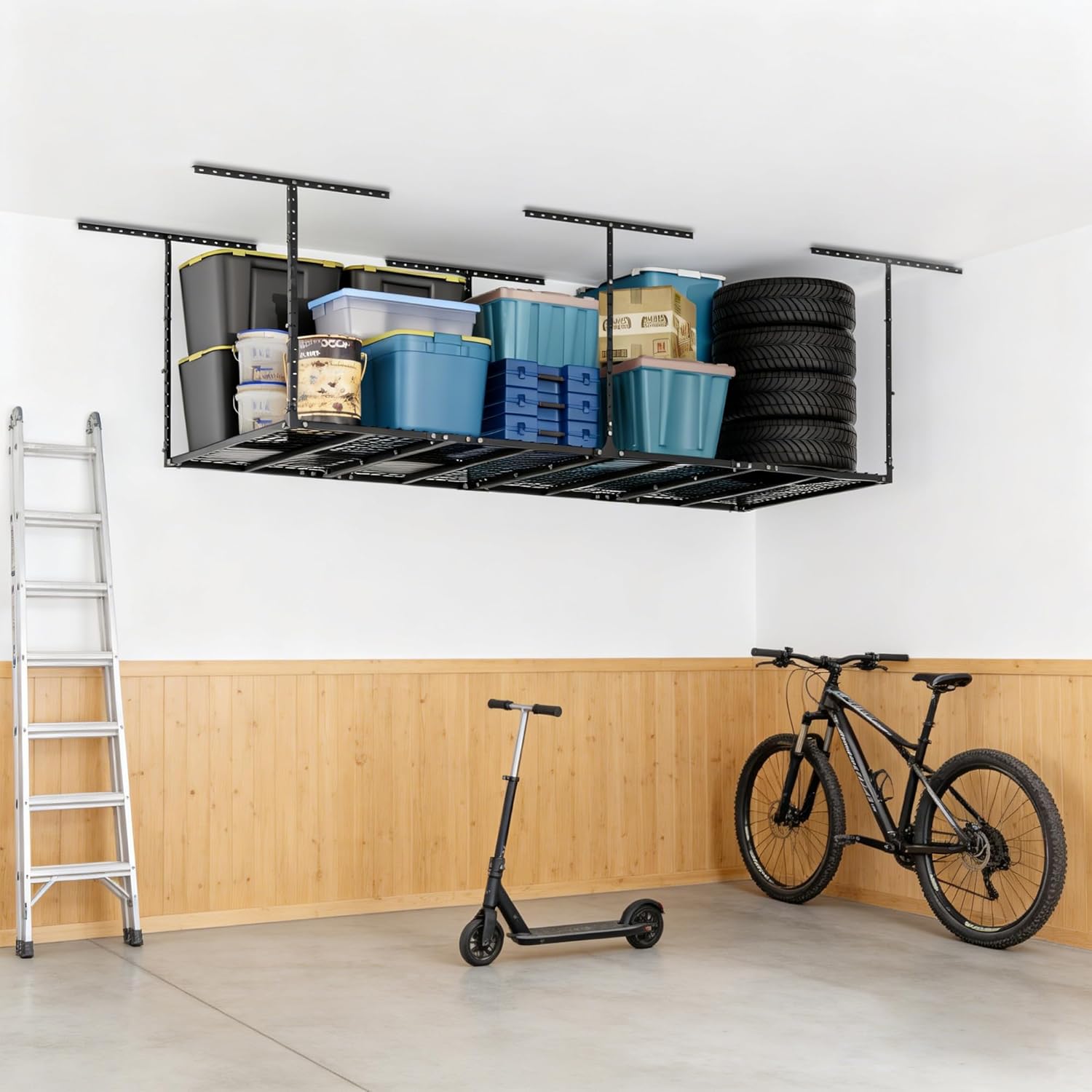 YOHKOH 3x8 Ft Overhead Garage Storage Rack, Ceiling Storage & Hanging Rack for Garage, Adjustable Heavy-Duty Metal, 600lbs, Black
