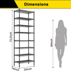 GIOTORENT 8-Wire Garage Shelving Storage Shelves, Kitchen Storage Adjustable Shelf, Metal Shelves 1600Lbs Capacity 24" Lx14 Wx72.2 H for Laundry Bathroom Pantry Closet, Black