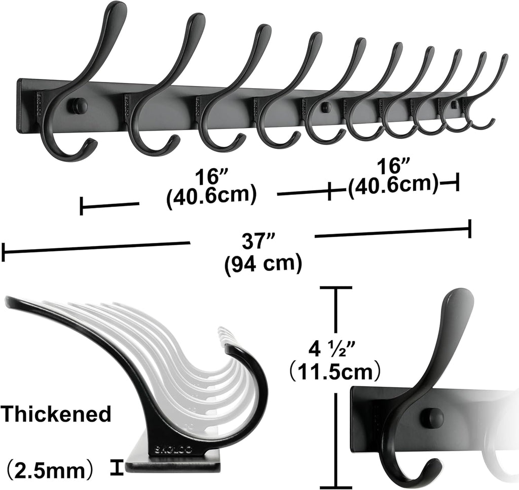 SKOLOO Coat Rack Wall Mounted - 10 Hooks, Pack of 2, Heavy Duty, Stainless Steel, Metal Wall Hanger, Sturdy Coat Hooks for Hanging Coats, Jacket, Clothes, Hat, Black