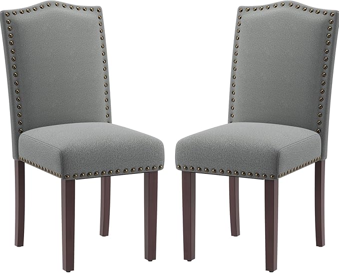 COLAMY Grey Upholstered Parsons Dining Chairs Set of 2,Comfortable Foam Seat, Classic Nailhead Trim, Solid Wood Legs, Stable & Easy to Assemble for Dining Room, Kitchen, Living Room & Café