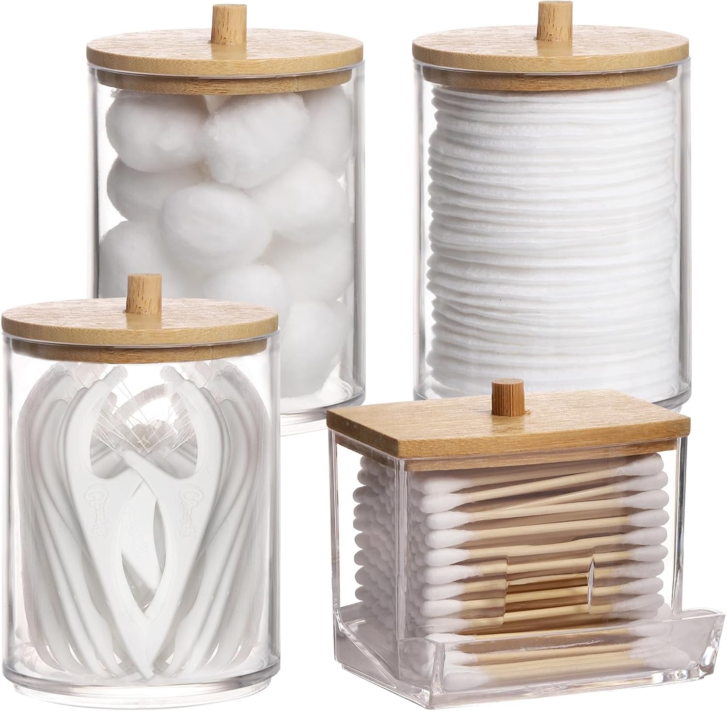 Tbestmax 4 Pack Qtip Holder Bathroom Container, 10/7oz Cotton Ball/Swabs Dispenser, Apothecary Jar with Bamboo Lids for Organizer and Storage (Beige)