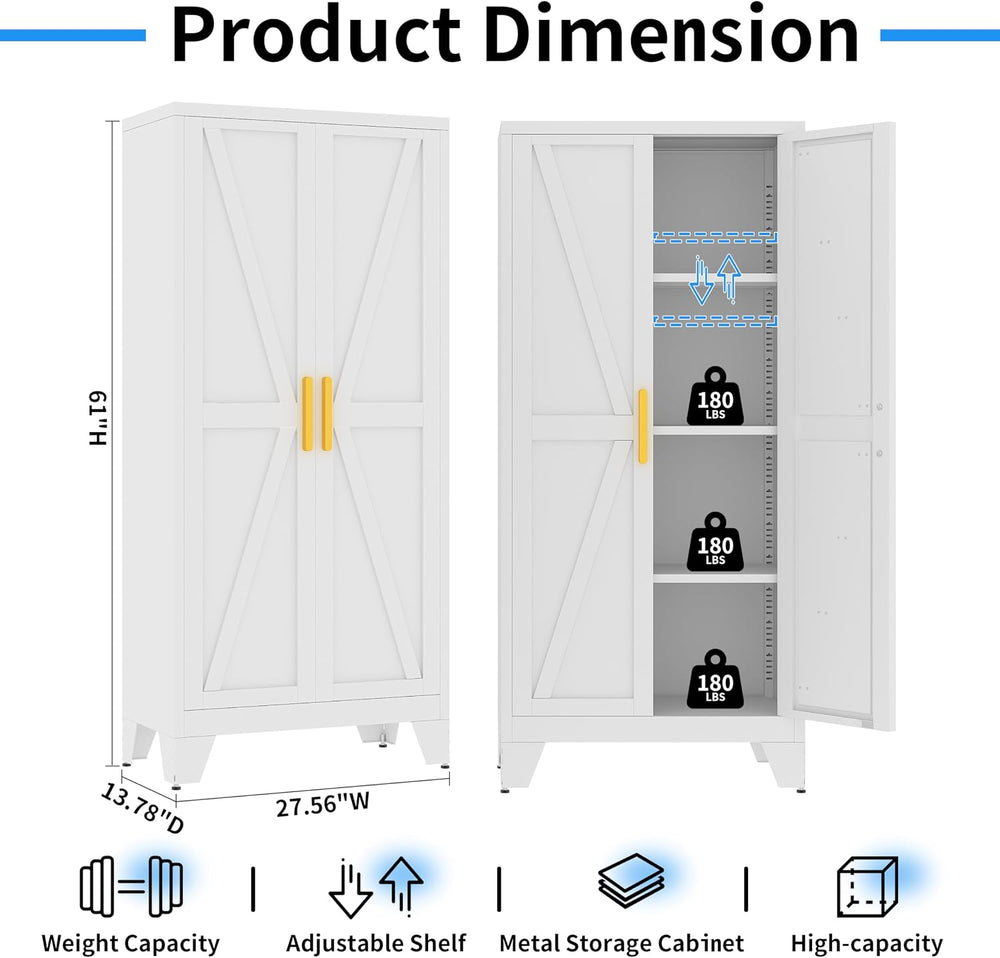 61" Tall Pantry Cabinet, White Metal Pantry Storage Cabinet | Metal Farm...