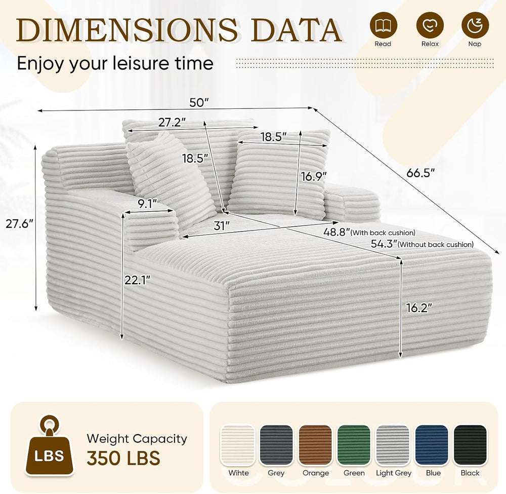 Oversized Chaise Lounge Chair Indoor,50"W Upholstered Corduroy Sofa w/ 3...