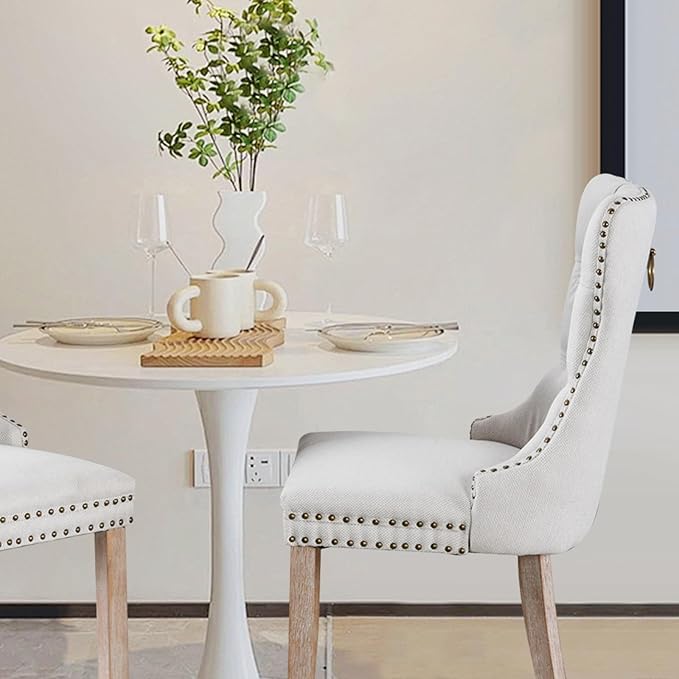 Linen Upholstered Dining Chairs Set of 8, Modern Style Kitchen Side Chairs with Nailhead Trim and Wood Leg, Metal Pulling Ring for Dining Room Living Room