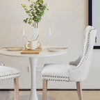 Linen Upholstered Dining Chairs Set of 8, Modern Style Kitchen Side Chairs with Nailhead Trim and Wood Leg, Metal Pulling Ring for Dining Room Living Room