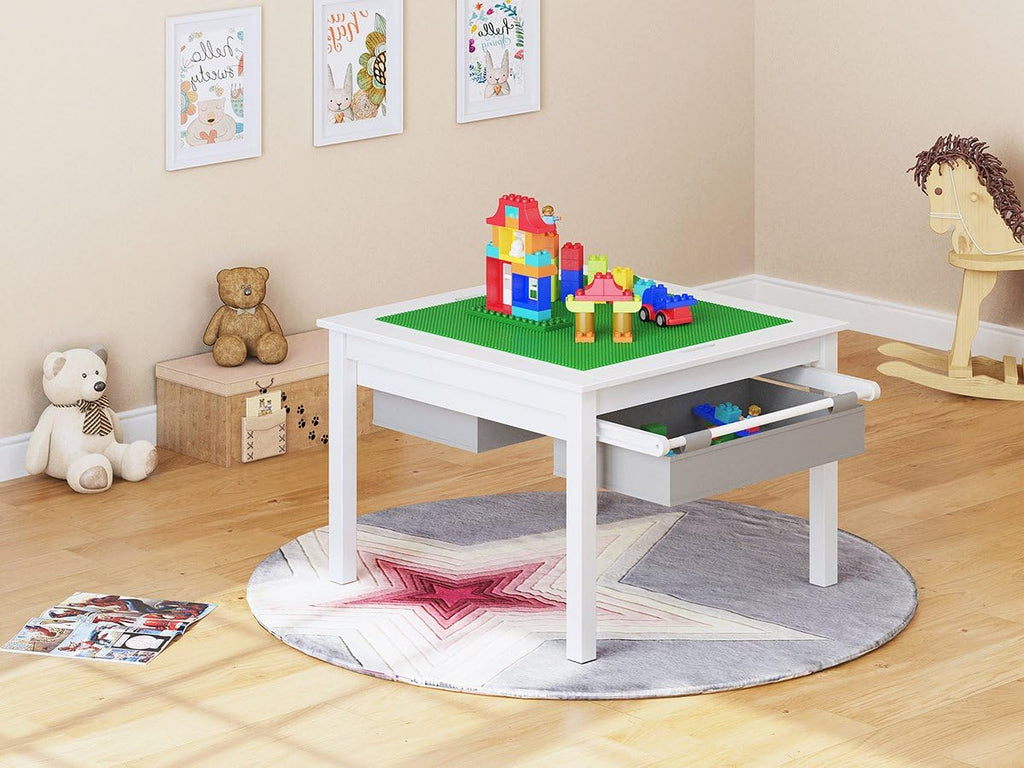 UTEX 2 in 1 Kids Construction Play Table with Drawers Built-in Baseplate | Wooden Kids Building & Activity Table with Storage, Water-based Paint Finish, Compatible with Lego and Duplo Bricks