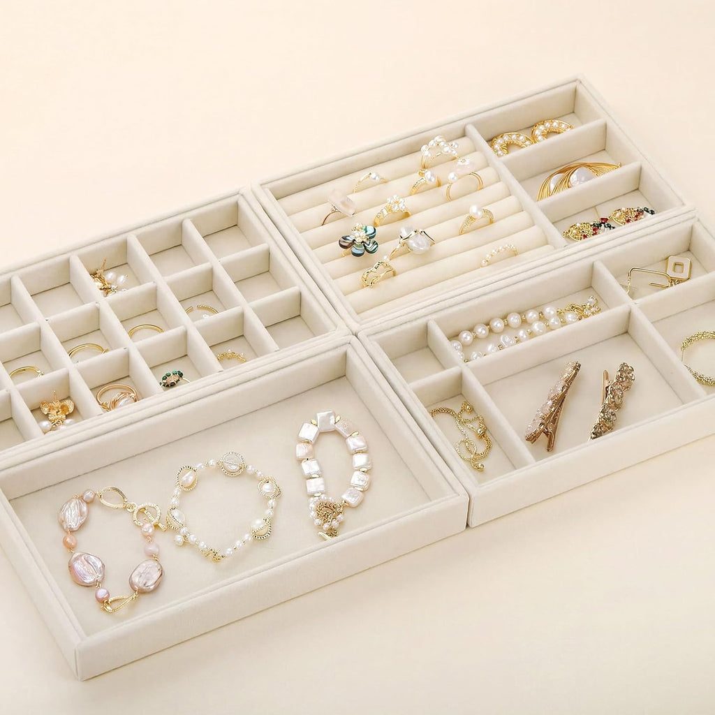 Elsjoy 8 Pack Velvet Jewelry Trays, Stackable Jewelry Organizer Trays for Drawers, Beige Jewelry Storage and Display Tray Inserts for Necklaces, Rings, Earrings