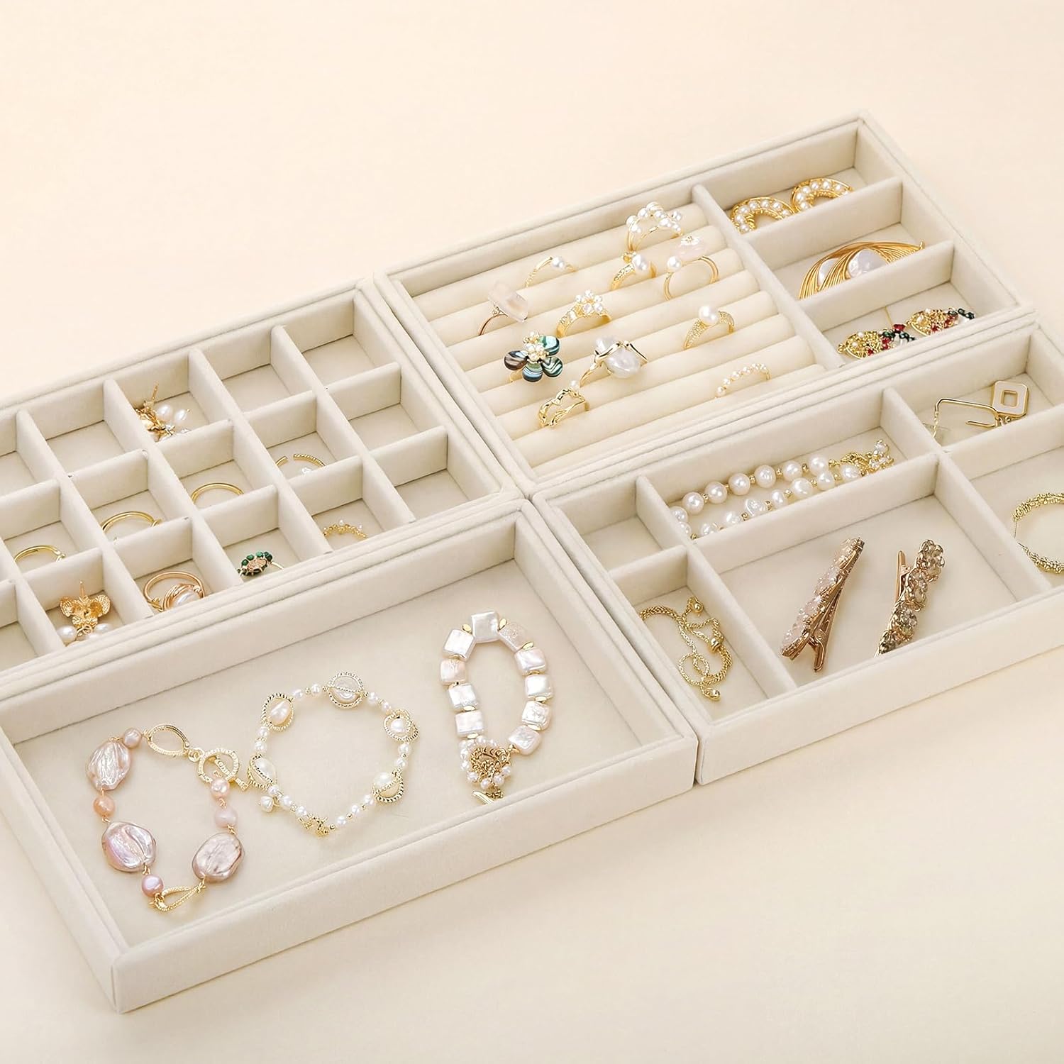 Elsjoy 8 Pack Velvet Jewelry Trays, Stackable Jewelry Organizer Trays for Drawers, Beige Jewelry Storage and Display Tray Inserts for Necklaces, Rings, Earrings