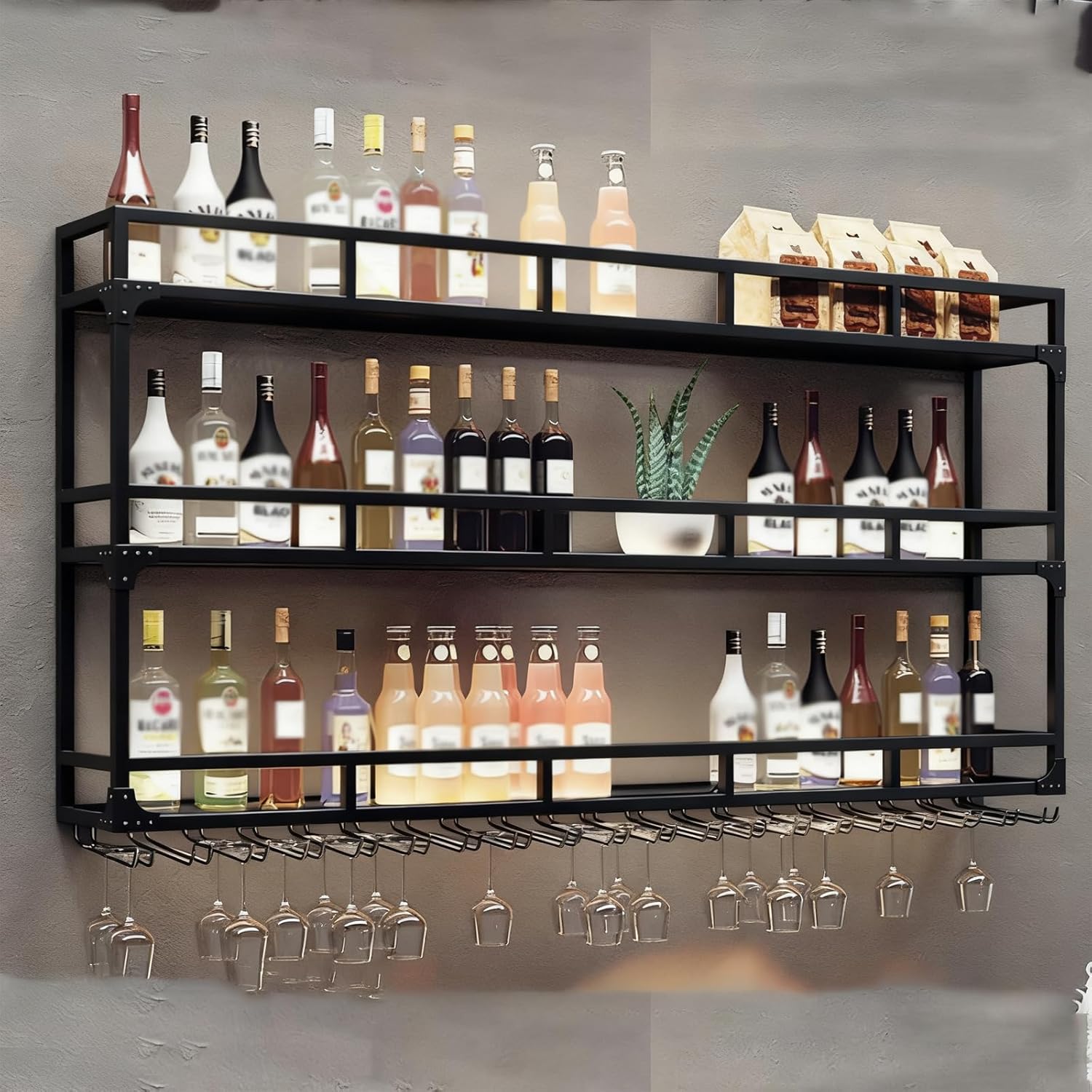 Wall Mounted Wine Rack, Wine Rack Wall Mounted with Wine Glass Rack, Metal Bar Bottle Display Shelf Wine Cups Hanging Holder, for Home Bar Cafe Dining Room Decoration (BLACK, 59*10*35.5IN)