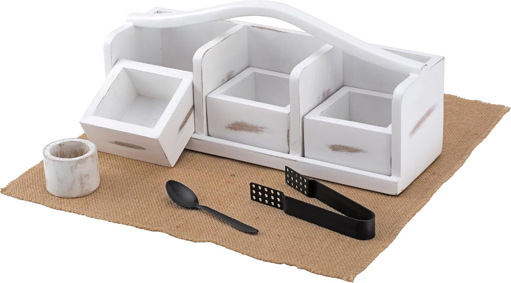 Wooden Tea Bag Organizer | Farmhouse Finish | 3-Compartment Storage | Countertop | Accessories: Tea Bag Squeezer, Natural Jute Placemat, Tea Spoon, Wooden Napkin Ring