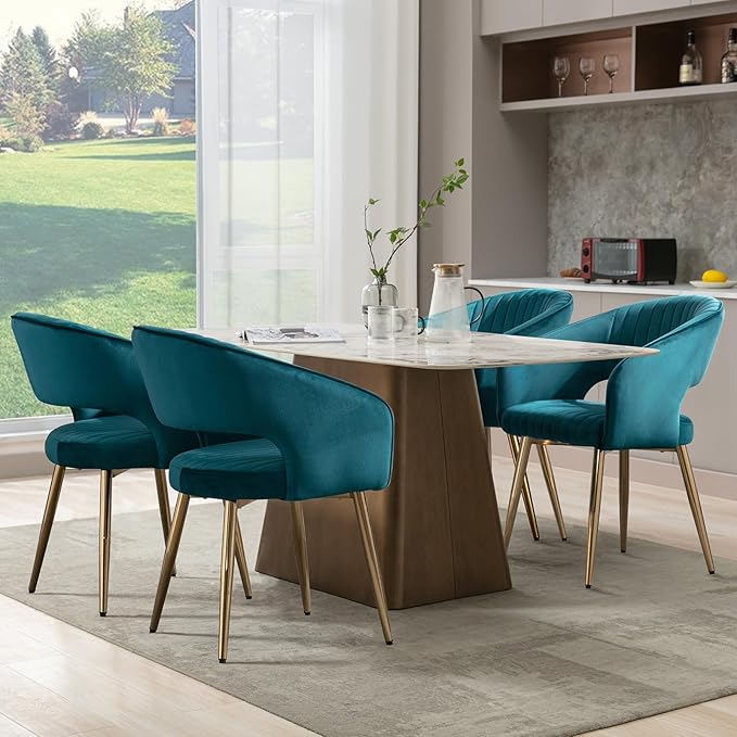 Teal Velvet Dining Chairs Gold Legs, Modern Dining Room Chairs with Arms Set of 6 Upholstered Accent Chair Armchair with Barrel Back for Kitchen Living Room