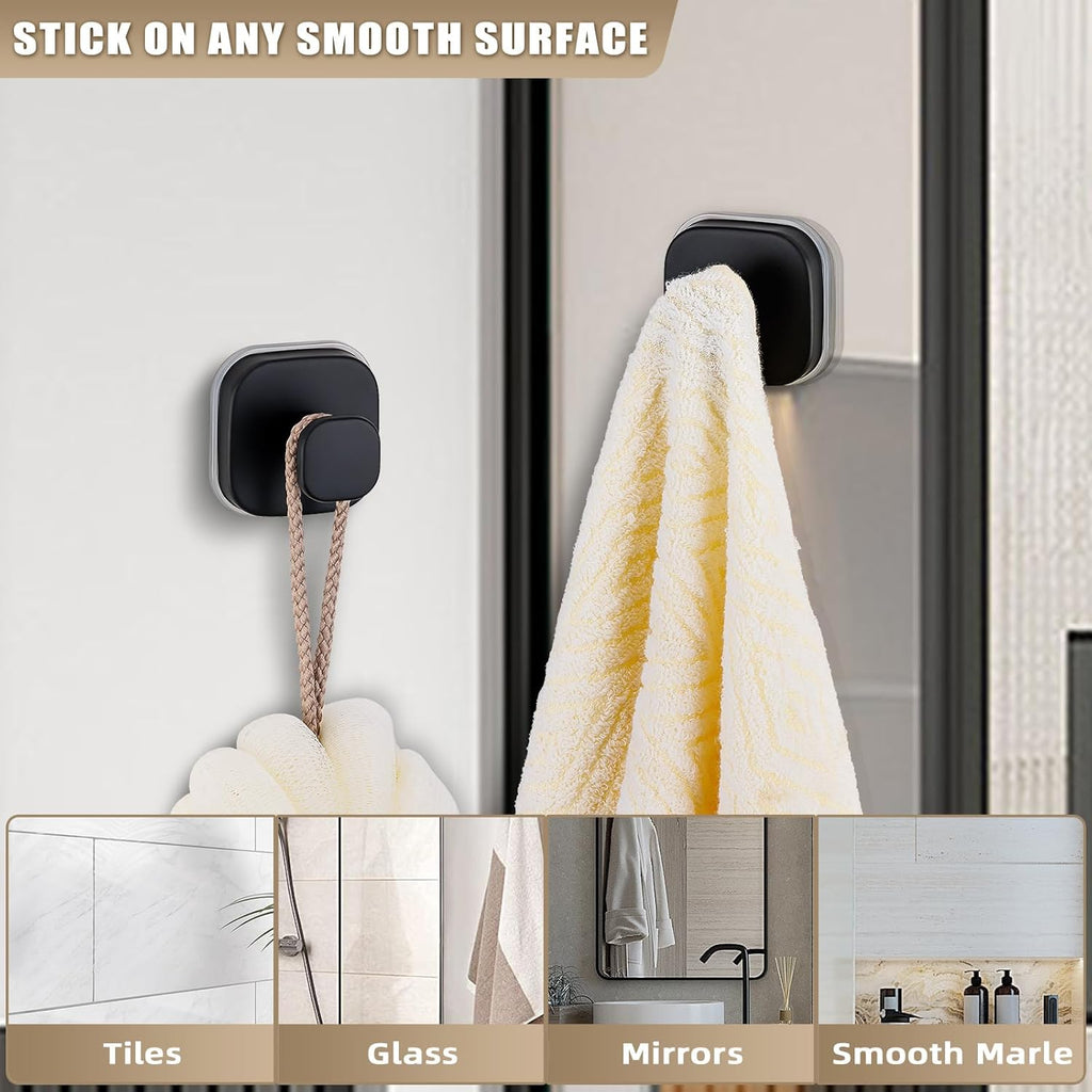 Suction Cup Hooks for Shower - Resuable Bathroom Hooks for Towels, Robes & Loofah - No-Drill Mounting on Kitchen,Walls,Metal,Glass,Mirrors,Tile & Smooth Non-Porous Surfaces (2, Matte Black)