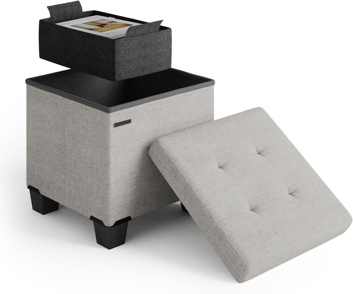 Storage Ottoman Cube with Small Bin, 15-in Square Ottoman with Storage for Living Room and Bedroom, Small Ottomans Foot Rest, Fabric Foot Stools Ottomans Max 330lbs, Light Grey