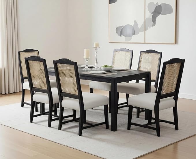 EALSON Rattan Dining Chairs Set of 6 Linen Upholstered Dining Room Chairs with Cane Back Mid Century Modern Kitchen Chairs Black Wood Frame Side Chairs for Dining Room/Kitchen, Beige