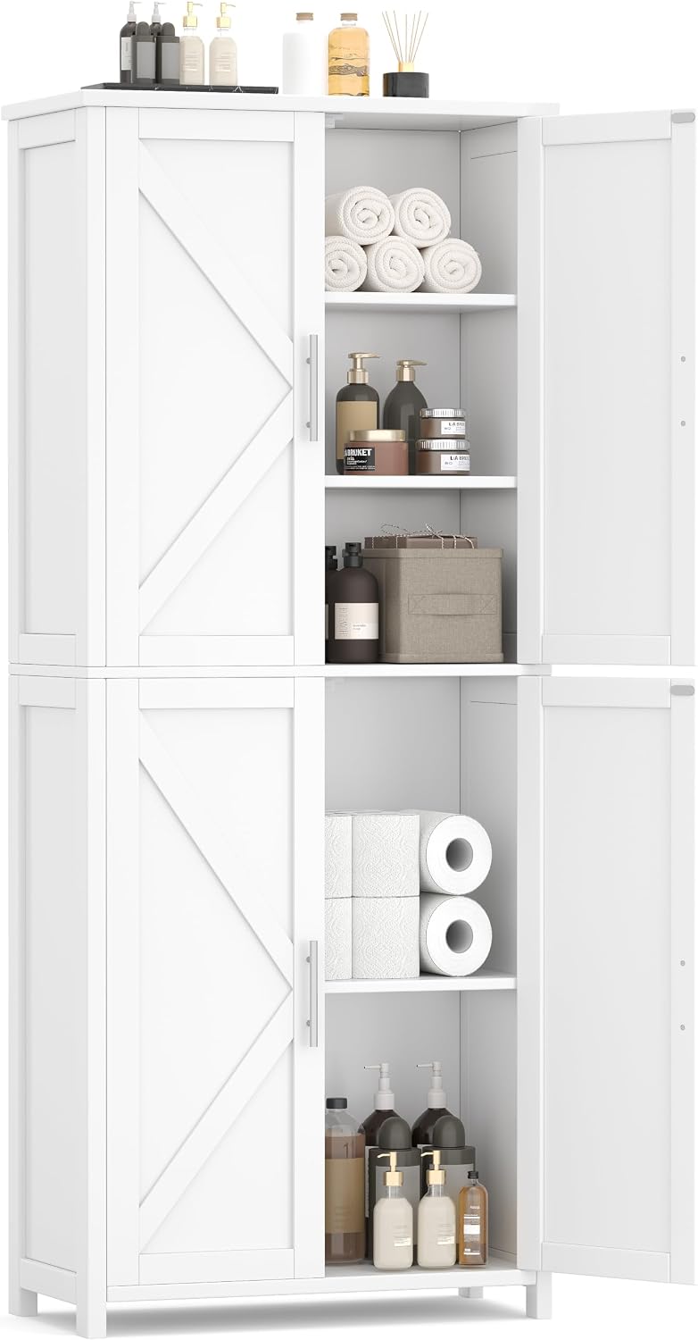 Akxomel 63''H Tall Farmhouse Bathroom Storage Cabinet with 4 Doors Wh...