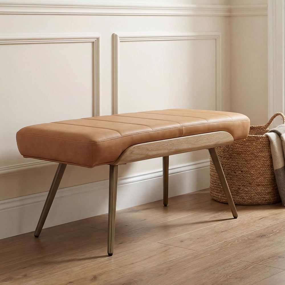 CIMOTA Mid-Century Modern Upholstered Bench, Channel Tufted Ottoman Bench wit...