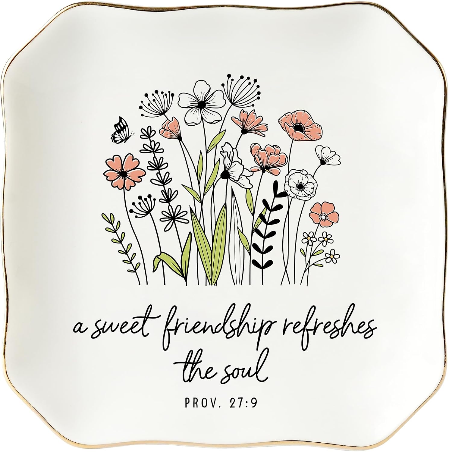 HEXMOZ Friendship Gifts for Women, Best Friend, Friend - Birthday Ideas | Soul Sister Gift for Women Christian - Sweet Friendship 4.5"X4.5" Floral Ceramic Jewelry Dish Tray - Tricket Dish