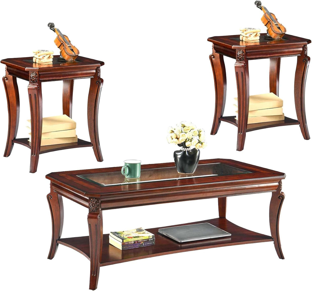Traditional Living Room Tables Set of 3- One Coffee Table with Glas and Two E...