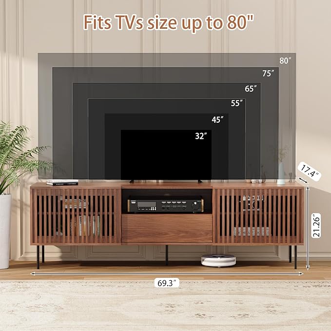 HOMMPA 70 Inch TV Stand for TVs Up to 80'', Mid Century TV Stand with Slatted Door Design, Modern Media Console with Storage Cabinet & Drawer, Entertainment Center for Livingroom, Walnut