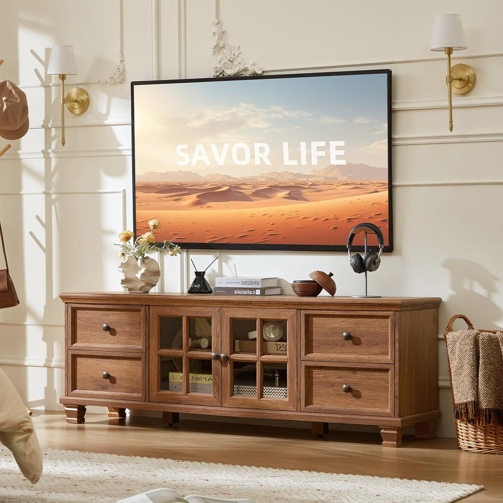 Farmhouse TV Stands for Living Room, Brown | Heavy-Duty Rustic Entertainment Center with 4 Drawers & Thickened Top & Square Wooden Legs for 65 Inch TV