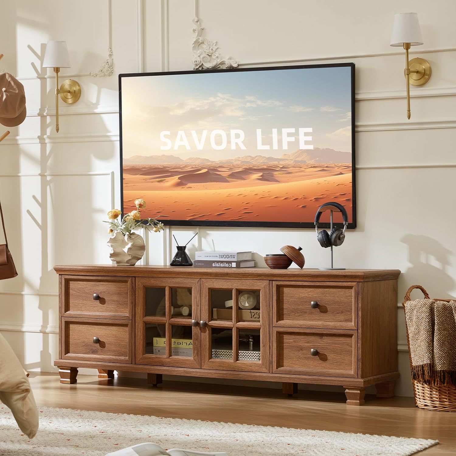 Farmhouse TV Stands for Living Room, Brown | Heavy-Duty Rustic Entertainment Center with 4 Drawers & Thickened Top & Square Wooden Legs for 65 Inch TV