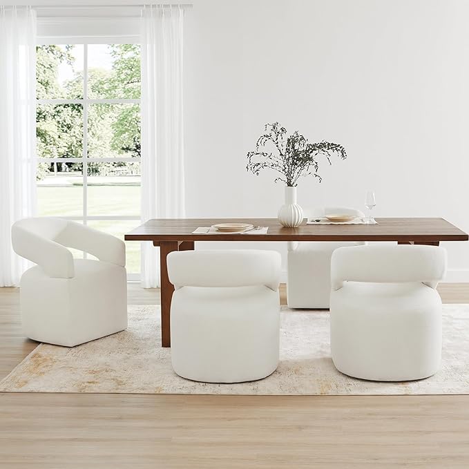 Upholstered Dining Chairs with Removable Casters Barrel Side Armchair with Rollers for Diningroom Bedroom Livingroom Reading Room, Ivory, Set of 1