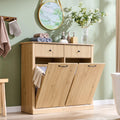 Modern Double Tilt-Out Laundry Hamper Cabinet, 20 Gallon Fluted Trash Can Cabinet with 2 Drawers, Wooden Hidden Garbage Can Cabinets with Laundry Basket, for Bathroom and Kitchen, Natural Oak
