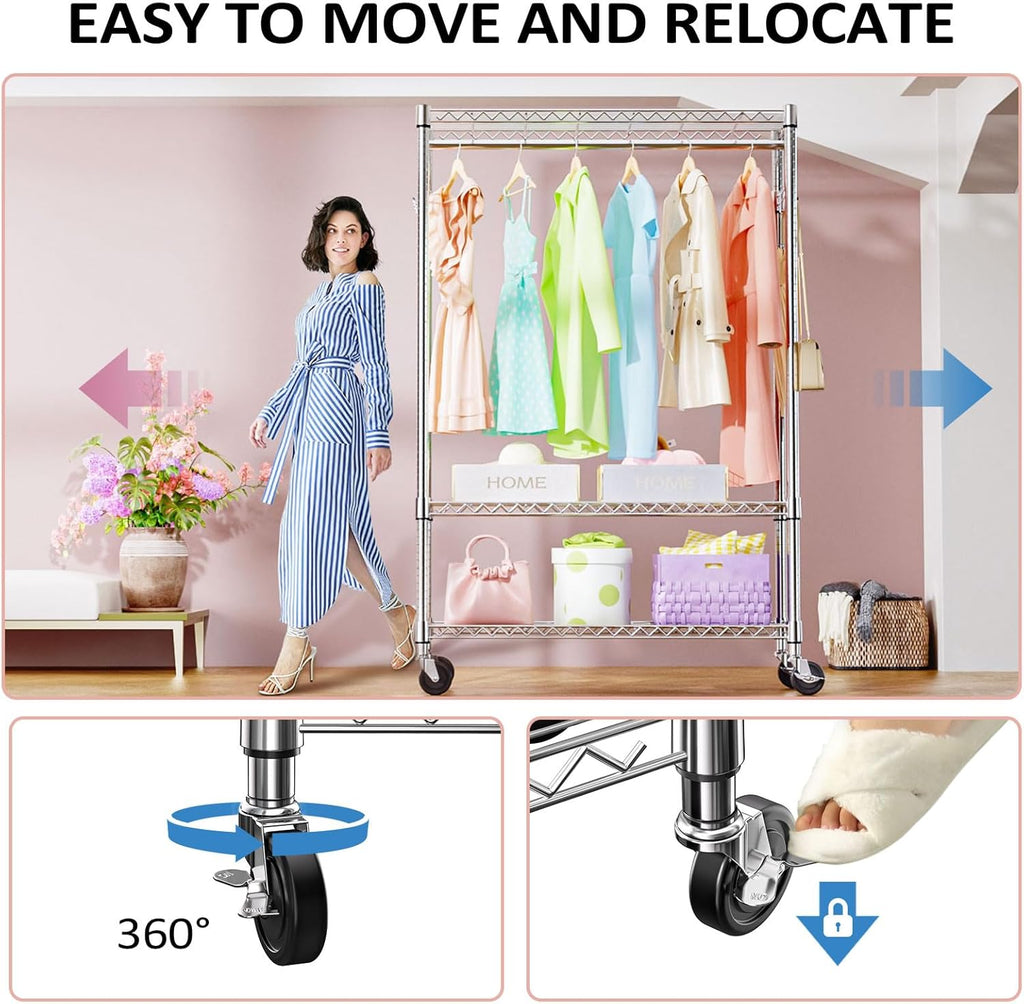IZEUK 3 Tier Heavy Duty Rolling Garment Rack Wire Clothes Rack for Hanging Clothes, Metal Freestanding Closet Wardrobe Rack with 1 Rods and Wheels Chrome 15.7" D x 45.3" W x 75.6" H