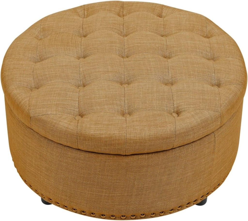 Tufted Storage Ottoman Round Upholstered Linen Ottoman Decorative Foot Stool with Storage for Living Room Bedroom Entryway Home Decor (Orange)
