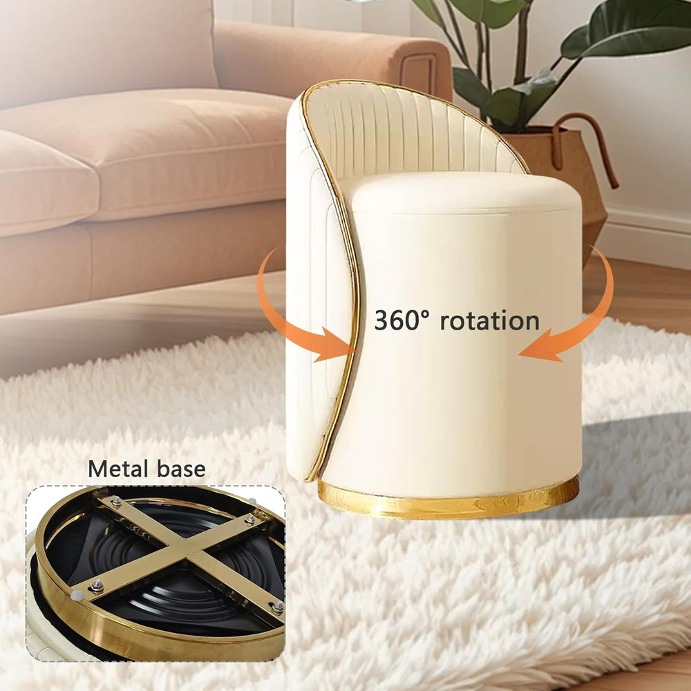 Modern Round Makeup Stool, 360 Swivel Vanity Chair, Beige Leather Seat, Solid...