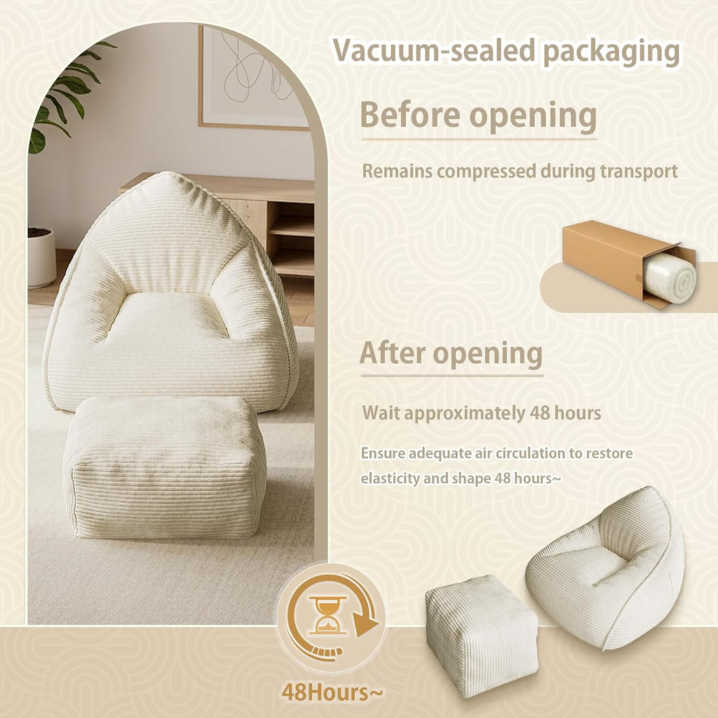 Bean Bag Chair with Ottoman, Bean Bag Sofa,Accent Chairs,Corduroy Fabric, Comfortable Reading Chairs for Living Room, Bedroom, Reading Nook,Modern Lounge Reclining Chair with Footrest (WHITE, Medium)