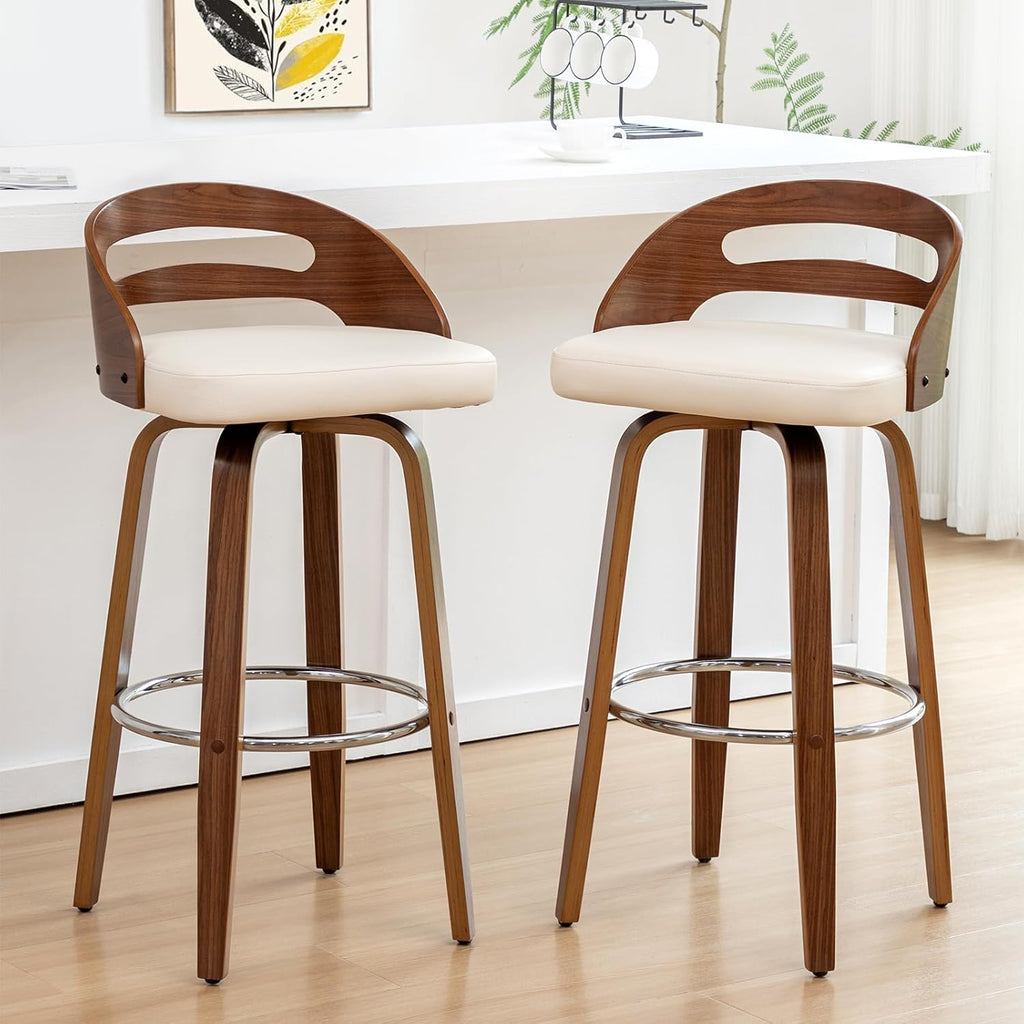Counter Height Bar Stools, Mid Century Counter Stools with Walnut Finish | Natural Bentwood Frame, Easy-Grip Handle,Low Back, Upholstered Faux Leather, Kitchen Counter Stools for Kitchen, Pub, Cafe