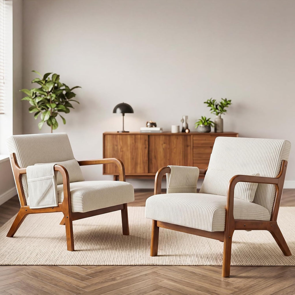 DUMOS Accent Chairs Set of 2, Mid Century Modern Accent Chair with Lumbar Pillow and Solid Wood Frame, Upholstered Armchair Reading Chair for Living Room, Bedroom, Beige