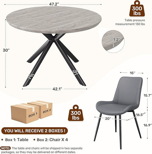 47.2" 5-Piece Round Dining Table Set for 4, Modern Wood Dining Table with 4 Upholstered Chairs, Kitchen & Dining Room Table Set with Metal Base for Apartment, Small Space, Grey Table+4 Grey Chairs